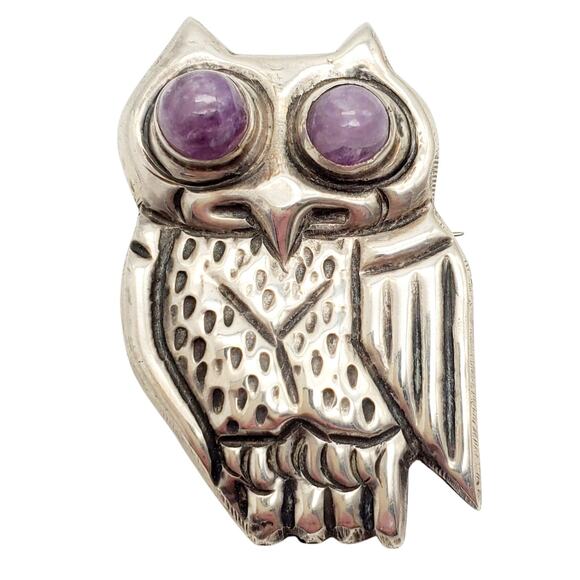 Taxco Jewelry - Large Mexican Sterling Silver Owl Brooch Taxco Purple Eyes 925 Artisan Bird Pin